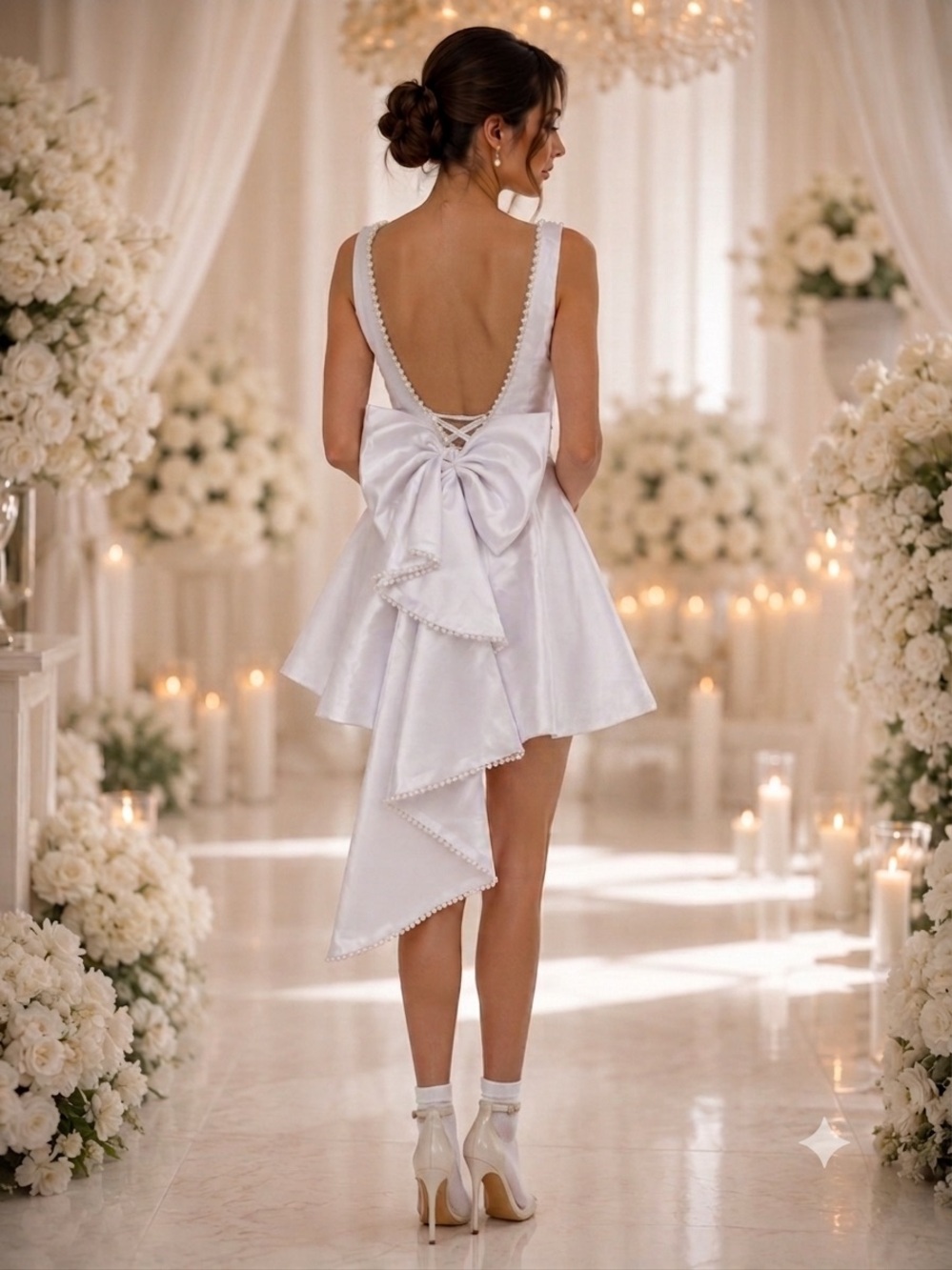 Wear Your Love White Bridal Backless Mini Dress Satin Pearl Trim Statement Bow 4